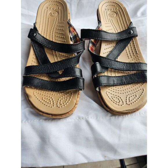 Womens Crocs Cork Wedge Sandals Shoes Siz 8 White Leather - Picture 3 of 9